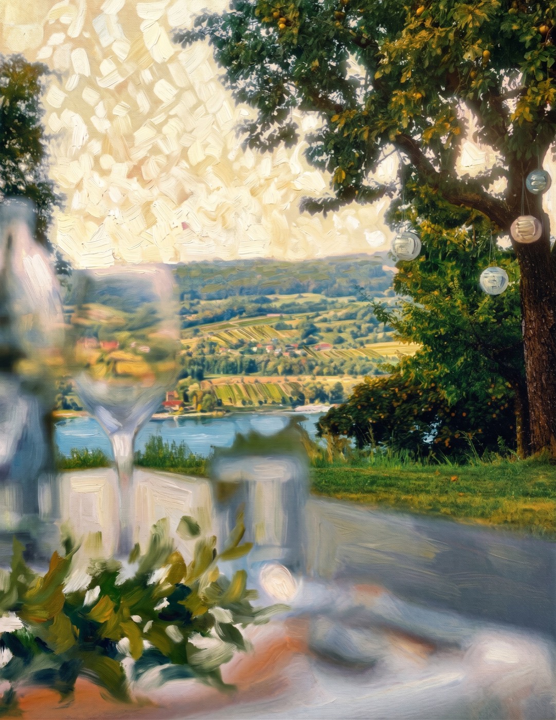 Blick vom gedeckten Tisch über den Rhein